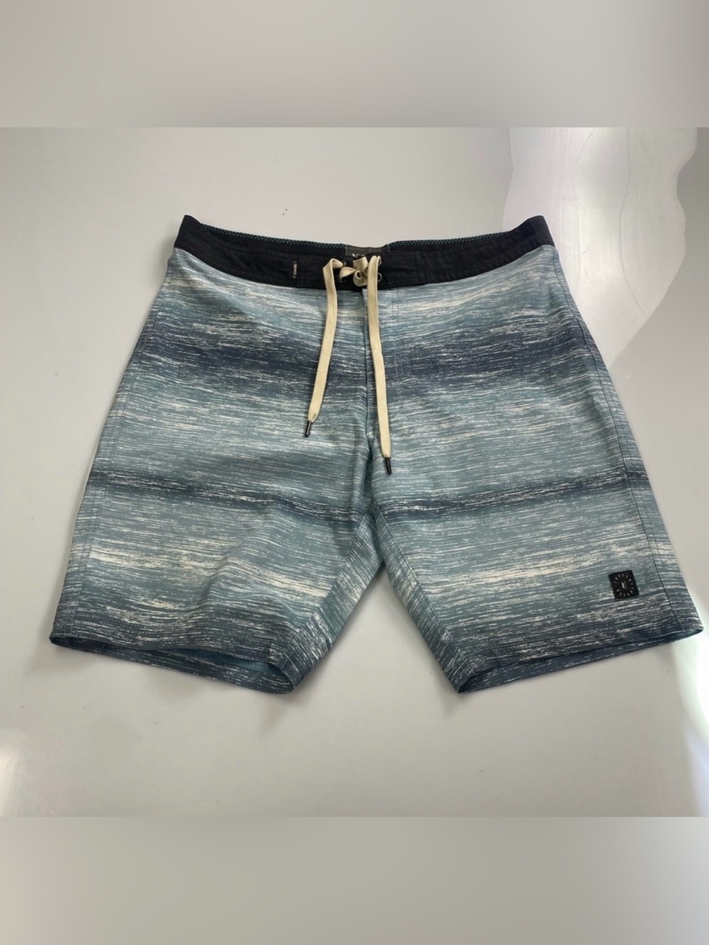 Linksoul Men's Teal and Navy Striped Board Shorts Medium